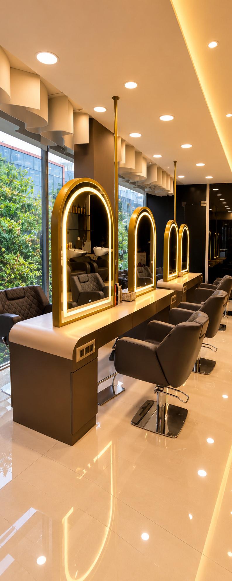 A salon aisle of gold-lit arched mirrors and styling chairs. Editorial photograph, not the Leviosa interior.