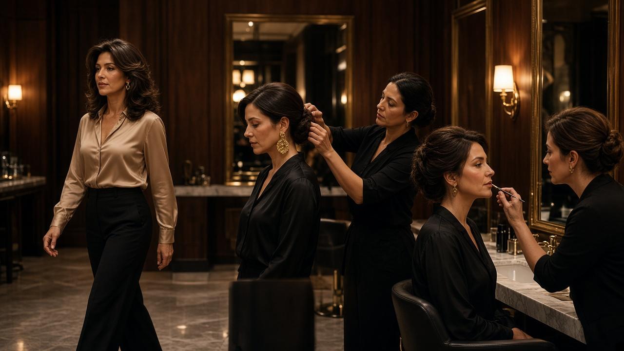 Women walking through a salon while hair is pinned and lipstick is applied. Editorial photograph, not the Leviosa interior.